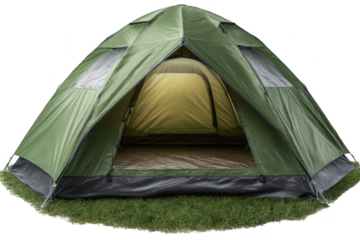 Spacious green dome tent with mesh windows and open entrance on grass isolated on a transparent background