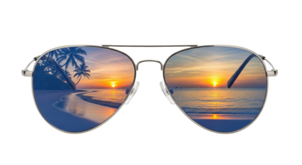 Sunglasses reflecting sunset on the beach isolated PNG with Transparent Background
