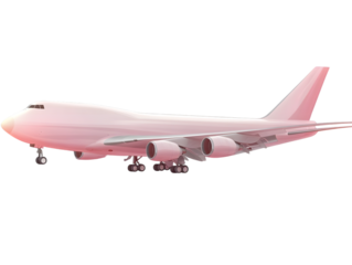Pink jumbo jet airplane with four engines isolated on transparent background
