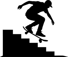 Silhouette of a skateboarder performing a trick down a set of stairs with a baseball cap on