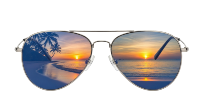 Sunglasses reflecting sunset on the beach isolated PNG with Transparent Background