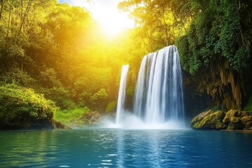 Fototapeta premium Breathtaking waterfall cascades into a serene pond under bright sunshine, Sunshine and beautiful waterfall flows to wild pond in rain forest of Thailand