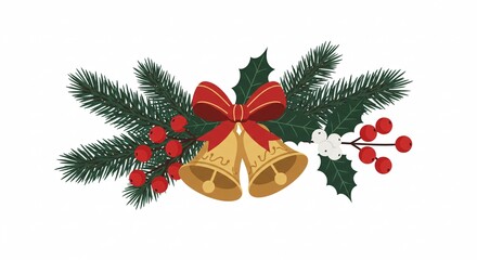 Festive Christmas Bells with Holly and Pine Wreath Illustration