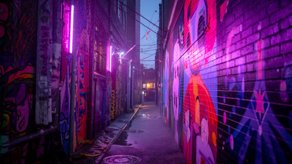 Naklejka premium Neon-lit Graffiti Alleyway: Urban Night Scene, Purple Hues, Rain