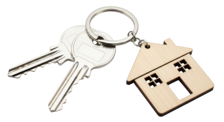 Keys and house shaped keychain for real estate concept isolated PNG with Transparent Background
