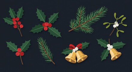 Christmas Holly, Mistletoe, Pine, and Bells Illustration