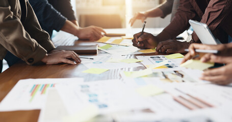 Collaboration, hands and infographic with business people in office boardroom for meeting or...