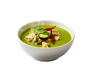 Thai chicken green curry set against a white backdrop

