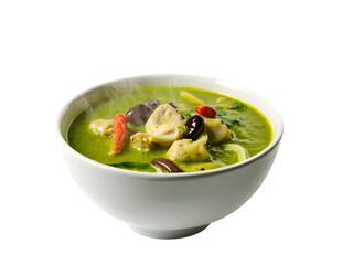 Thai chicken green curry displayed on a plain white surface