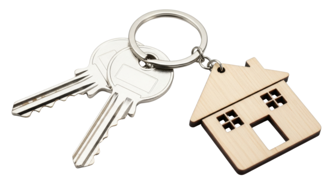 Keys and house shaped keychain for real estate concept isolated PNG with Transparent Background