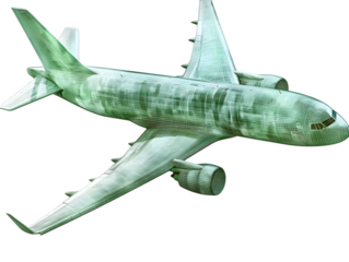 Green wireframe airplane model with abstract texture isolated on transparent background