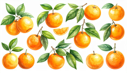 the image presents a series of round, vibrant fruits arranged on a blank backdrop. many of these fruits are adorned with leafy stems, while one fruit is portrayed as a sliced segment