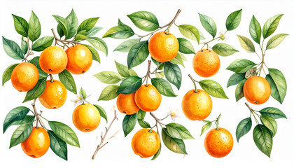 against a stark backdrop, several sprigs of plants bearing round, vibrant fruit are featured. each sprig is adorned with numerous verdant leaves of varying shades and sizes