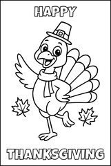 Cute thanksgiving turkey coloring page. black and white outline for kids, printable holiday activity
