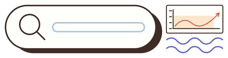 Obraz premium Magnifying glass with search bar, rising graph, and abstract waves. Ideal for data analysis, research, technology, digital marketing, SEO strategies, market growth simple flat metaphor