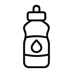 Minimalist black line icon of a water bottle with a droplet symbol, ideal for representing hydration, fitness gear, sports drinks, or reusable containers
