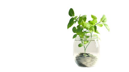 Fresh green plant growing from a jar filled with coins against a transparent background, symbolizing investment and financial growth.