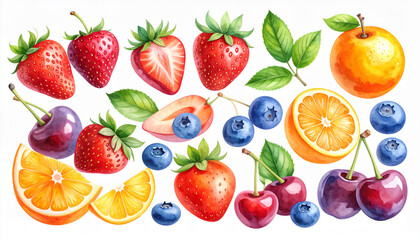 against a pure white background, a collection of colorful, watercolor style fruits are scattered, featuring bright oranges, rich reds, and deep blues