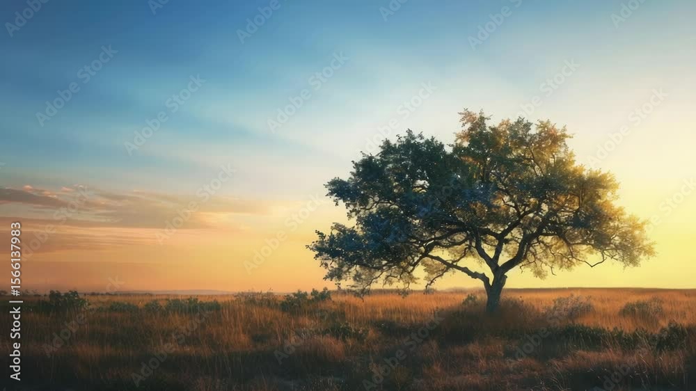 Aufkleber A single tree stands out against the warm orange and yellow hues of a sunset in an open field