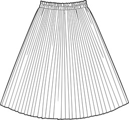 Classic high waisted pleated midi skirt technical flat cad drawing vector illustration for modern elegant fashion apparel design template with waistband detail