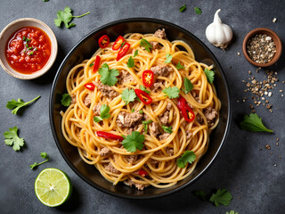 Delicious spaghetti with meat and fresh herbs on dark background national noodle day  
