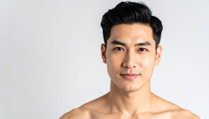 the image shows a portrait of a person with dark hair and bare shoulders against a plain background. the individual is facing forward, looking directly at the viewer with a slight smile