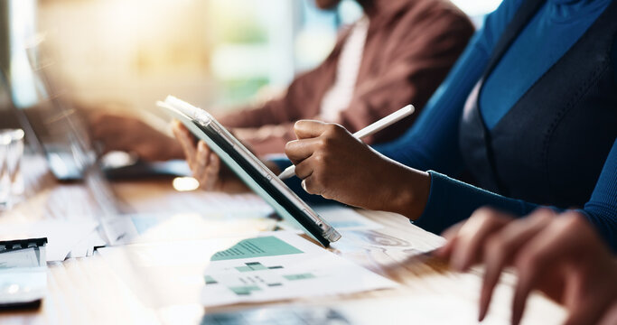 Design, hands and tablet with business person at desk in coworking office for creative development. App, pen and writing with graphic designer in workplace for website illustration or planning