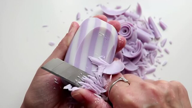Hands Carving Striped Purple and White Soap Bar into Curls and Shavings on White Surface
