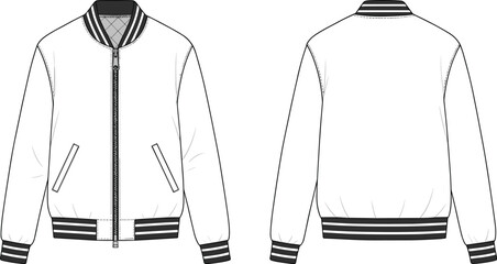 Trendy varsity bomber jacket front and back technical flat sketch cad drawing vector illustration perfect for apparel fashion design mockup