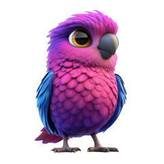 Adorable cartoon parrot with vibrant pink and purple feathers and big expressive eyes isolated on transparent background