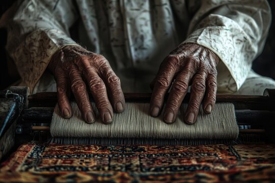 Old Emirati woman weaving traditional textile in a cultural craft, Hands of an old Emirati woman using traditional weaving machine - Powered by Adobe