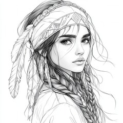 native american girl portrait coloring page with traditional accessories and bold outlines on white background