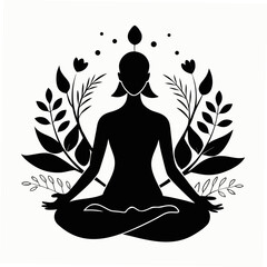 Silhouette of Woman Meditating with Flowers – Peaceful Yoga Pose and Floral Wellness Vector Design