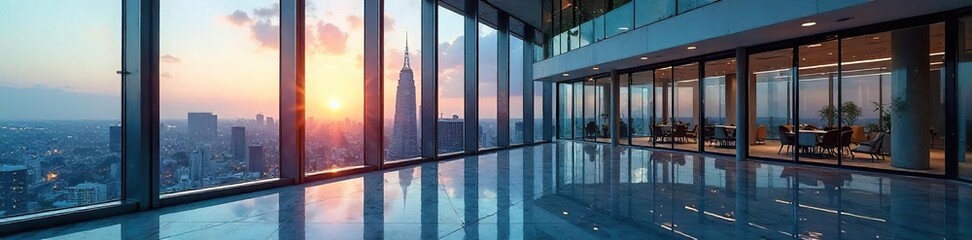 Fototapeta premium Sleek Modern Office Building Reflecting City Skyline Contemporary Architecture and Expansive Windows Showcase a Professional Workspace