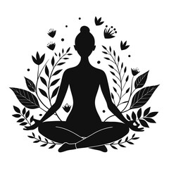 Calm Woman in Meditation Surrounded by Flowers – Silhouette Illustration of Mindfulness and Relaxation