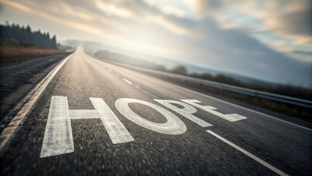 Blurred highway stretching into distance with bold “Hope” text painted on road surface
