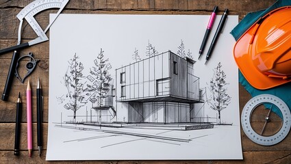Detailed architectural drawing showcases a modern house design with drafting tools and hardhat on rustic wood