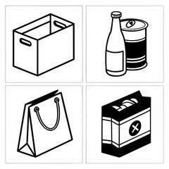 A set of four minimalist packaging icons in black and white, including box, shopping bag, drink containers, and product pack. Perfect for ecommerce, logistics, and design projects.