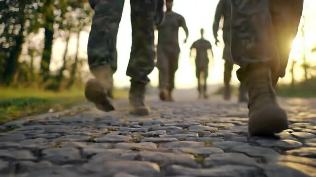 Soldiers Marching on Cobblestone Road in Camouflage Uniforms During Sunset With Sunlight Shining Through the Trees