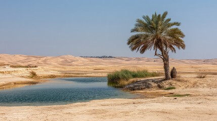 Desert Oasis with Lone Palm Tree and Still Water