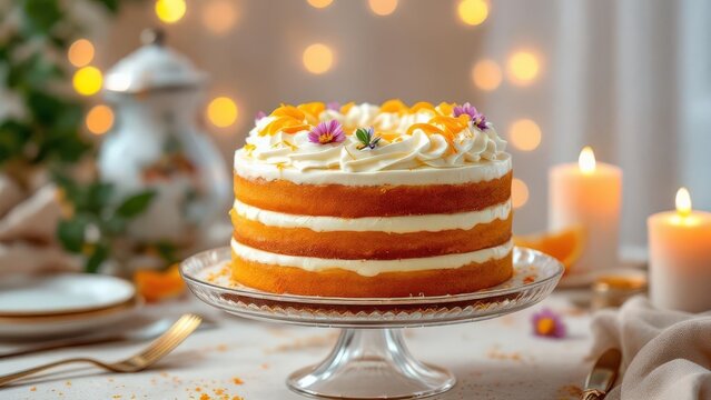 Delicious Homemade Orange Layer Cake with Creamy Frosting and Garnish