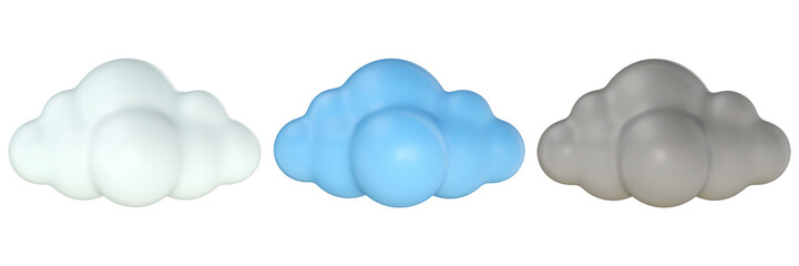 This 3D rendering presents a serene trio of fluffy clouds in white, blue, and gray, evoking a sense of a calm, overcast sky.