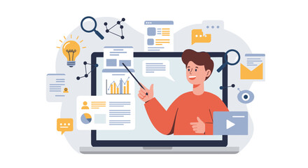 Business presentation concept with data analysis and communication elements vector illustration