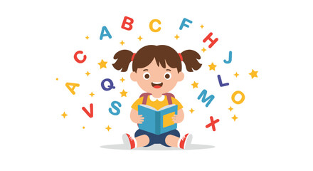 Educational kids vector illustration of a happy girl reading with alphabet letters and stars in a fun flat style