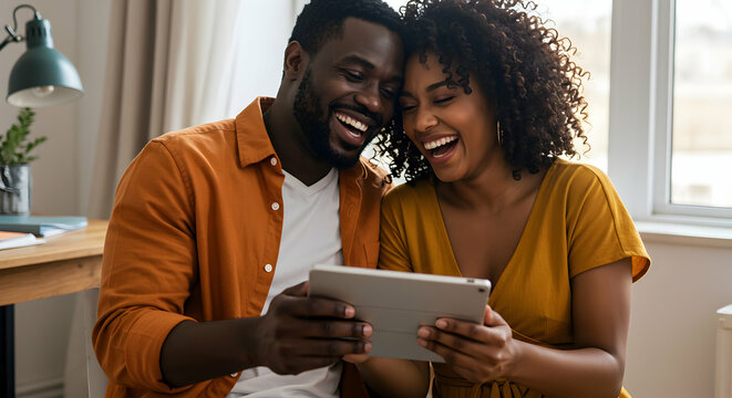 Happy diverse couple using a tablet together at home, enjoying leisure time and sharing a joyful moment in a cozy living room setting - Powered by Adobe