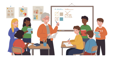 Engaging classroom scene with diverse students and teacher vector illustration for educational design