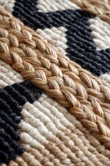 Close Up of Woven Rug with Beige Brown and Black Geometric Pattern