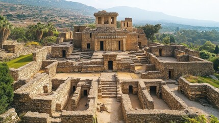 Ancient stone ruins of Mohenjo-daro, showcasing historic Indus Valley civilization architecture surrounded by greenery and distant hills.