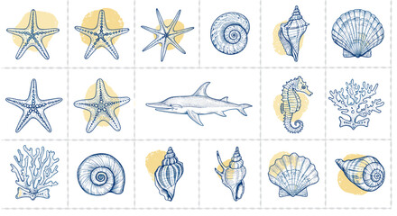 Marine life collection vector illustration featuring starfish, shells, seahorse, and shark for nautical design