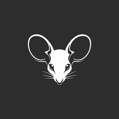 Monochrome vector illustration of a mouse head featuring prominent ears and detailed facial features, set against a black background. Perfect for logos and minimalist designs